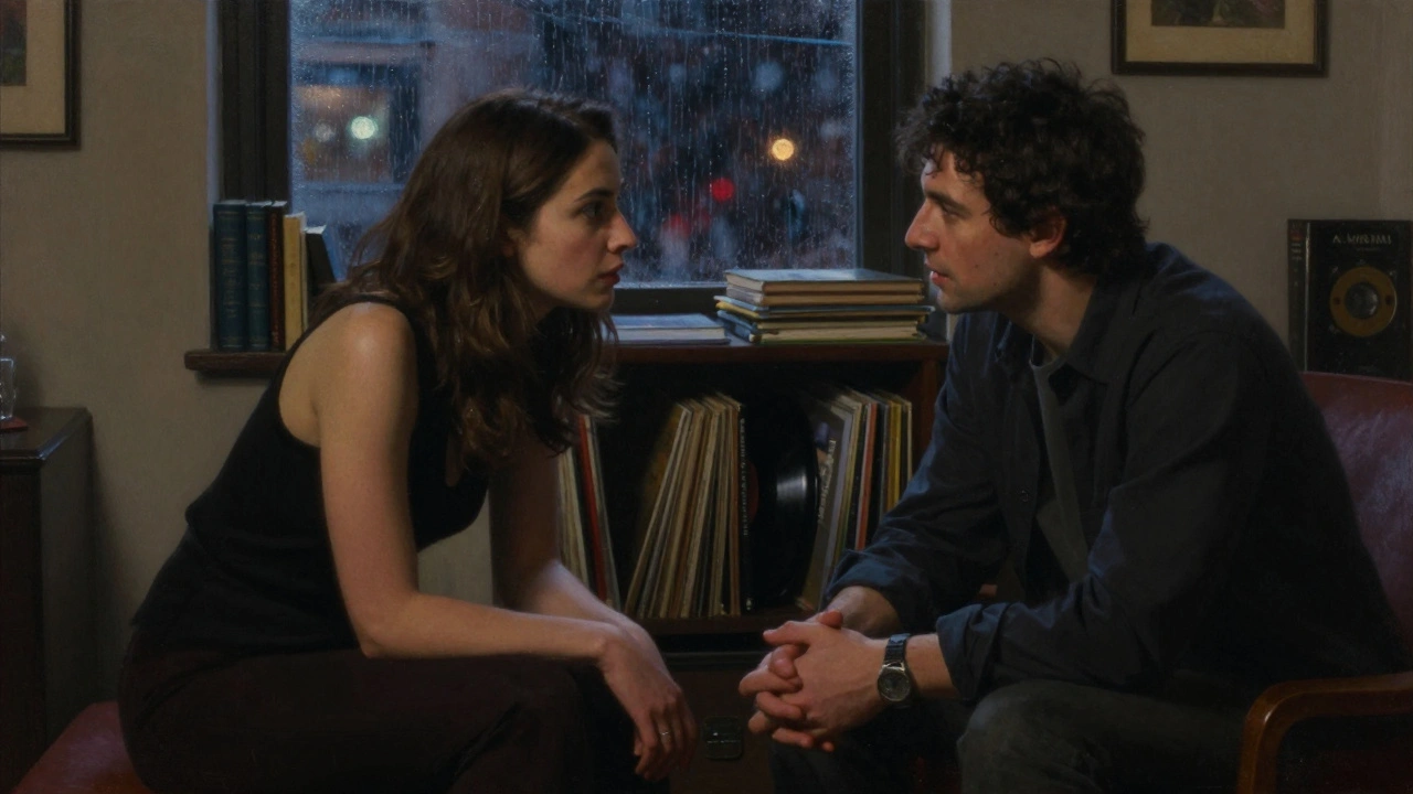 A woman listening intently to a man in a cozy Soho apartment, rain blurring the city lights outside the window.