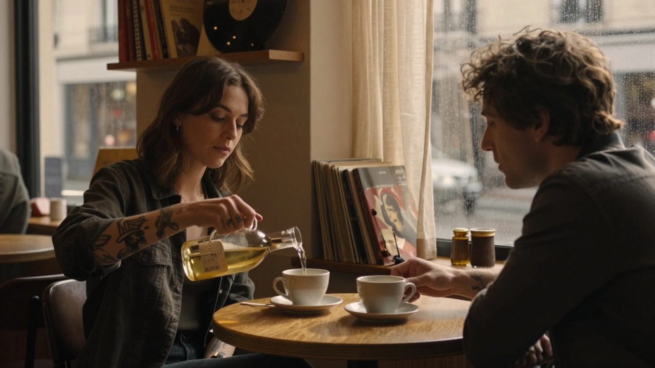 A woman pours natural wine in a cozy Bel-Air café, books and vinyl records in background, soft golden hour light.