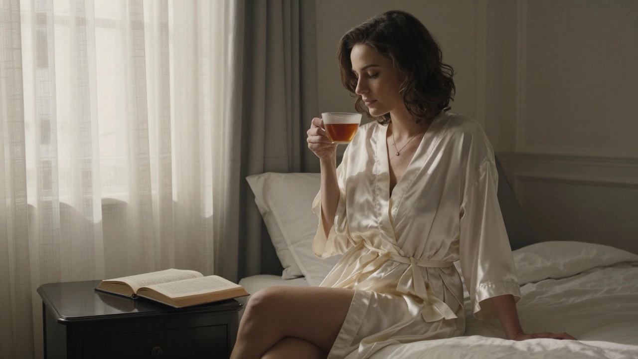 A woman sits calmly in a hotel room, holding tea, surrounded by soft light and a book, radiating quiet dignity.