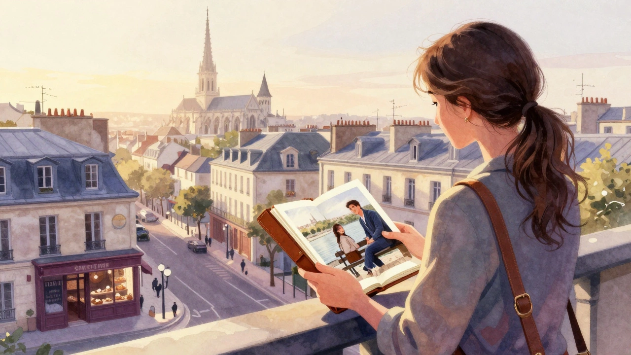 A woman stands alone on a rooftop at sunrise, holding a photo as Paris awakens below her, symbolizing quiet human connection.