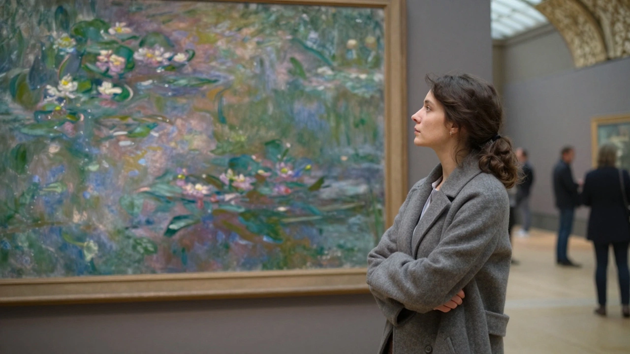 A woman stands before a Monet painting at the Musée d’Orsay, lost in thought, no camera, no distraction—just art and stillness.