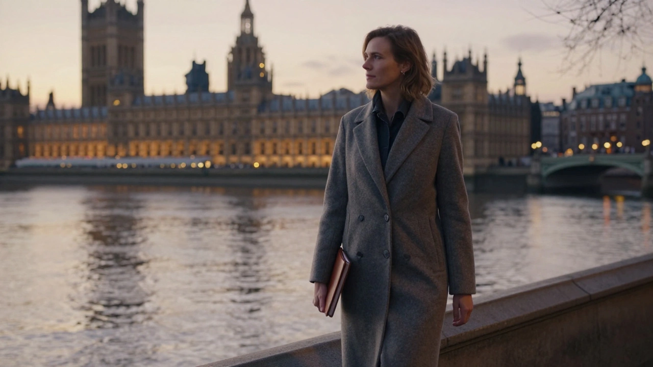 A woman walking alone along the Thames at sunset, with the Houses of Parliament glowing in the distance.