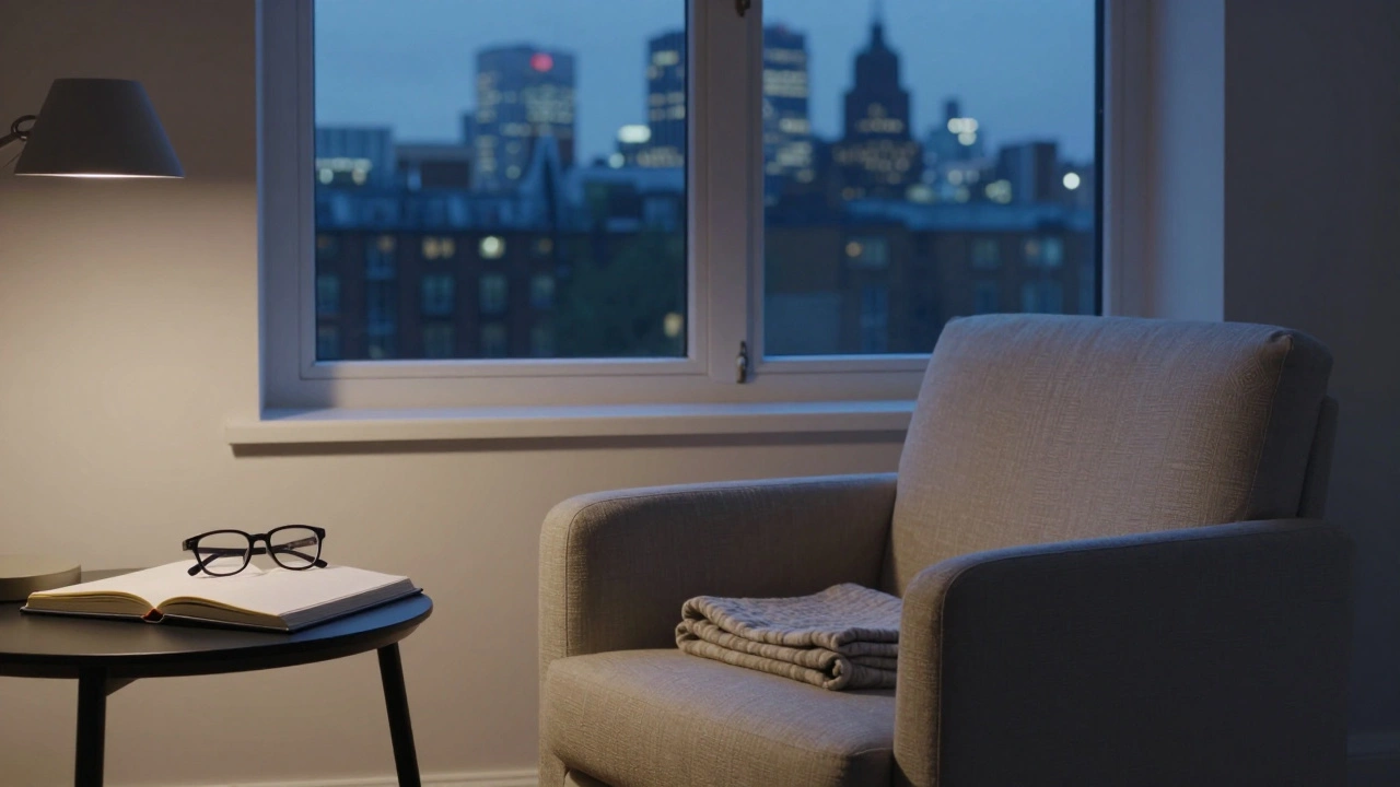 An empty armchair in a quiet London room, with reading glasses and an open journal left behind, evoking a remembered connection.