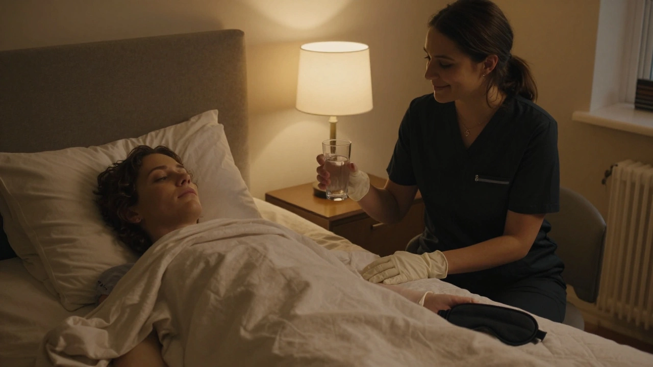 An escort offers water and quiet support to a client after a BDSM session, emphasizing emotional aftercare and safety.