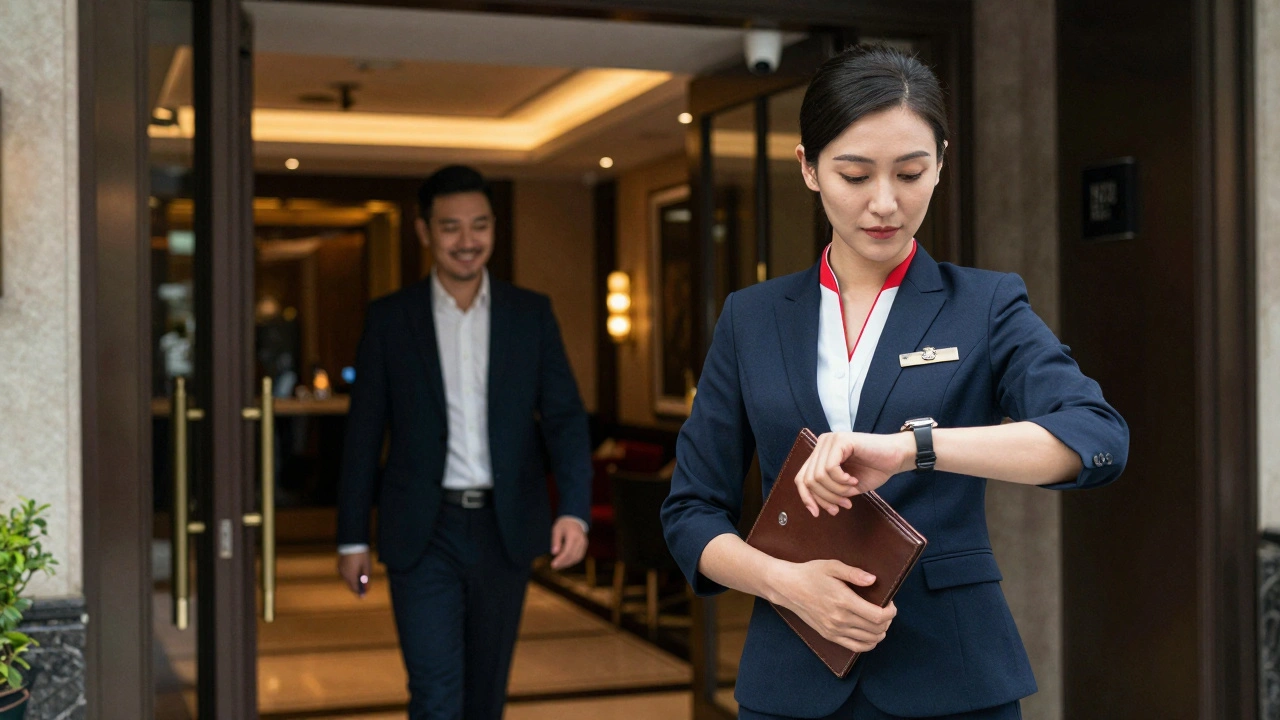 An escort standing professionally at a hotel entrance, client leaving happily, surveillance camera visible.