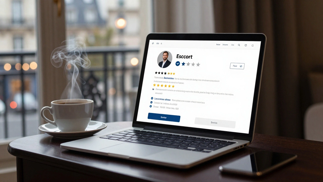An open laptop displays a discreet escort profile beside a steaming coffee cup in a Paris hotel room, conveying discretion and intention.