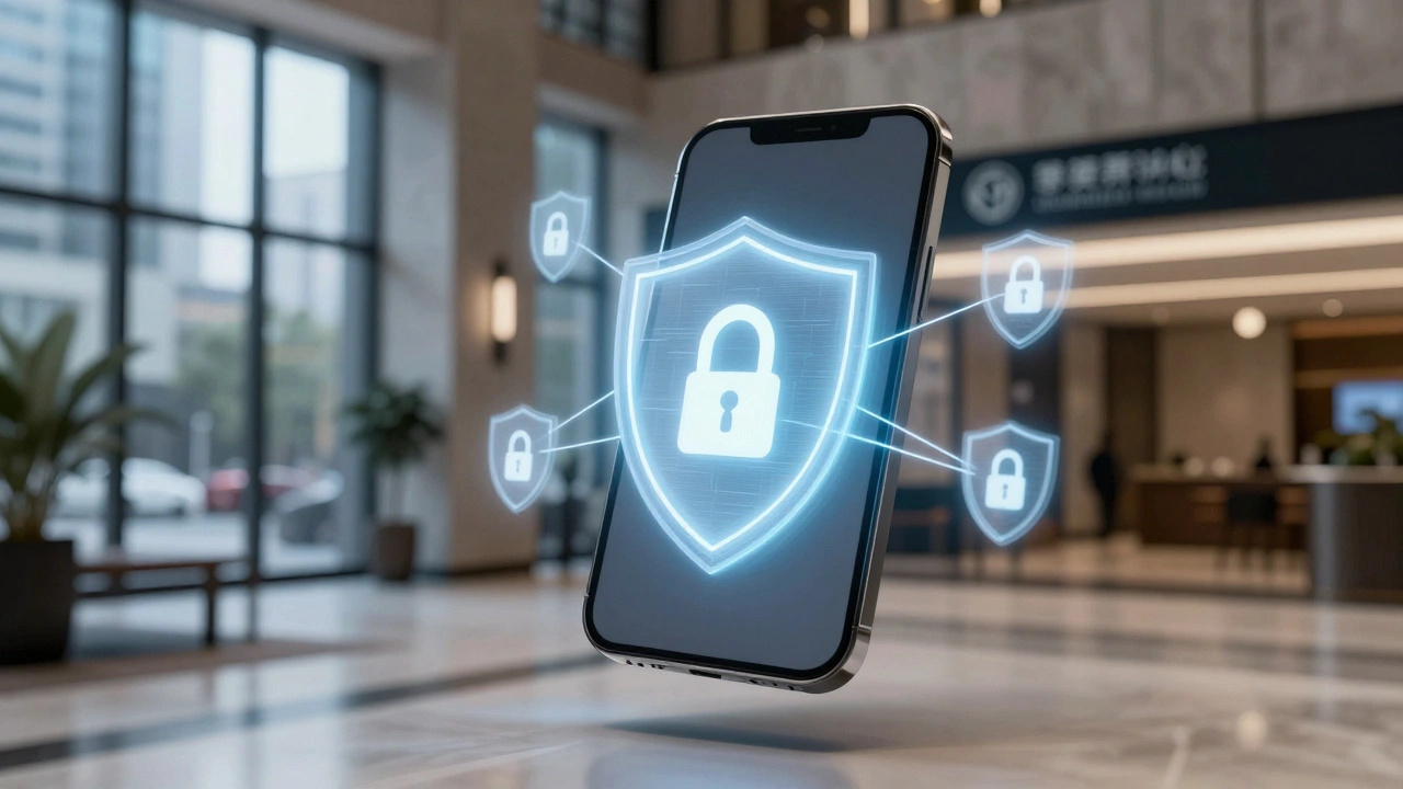 Digital security shield over a blurred hotel lobby interior