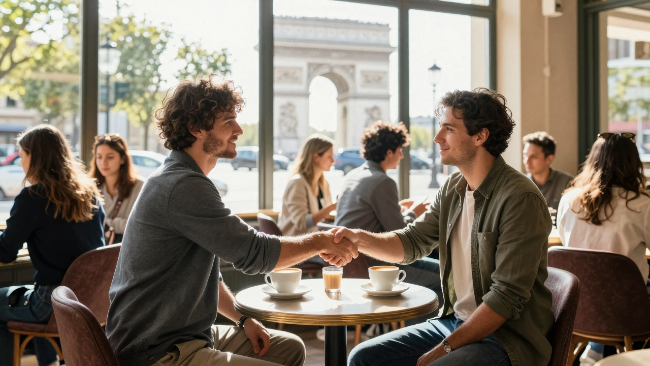 First meeting shaking hands in a bright cafe
