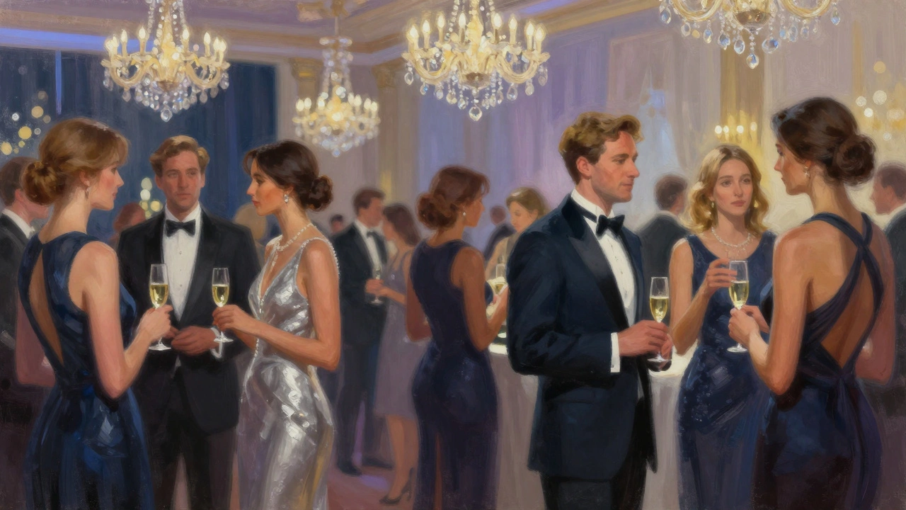 Guests in formal attire at a sophisticated gala event.