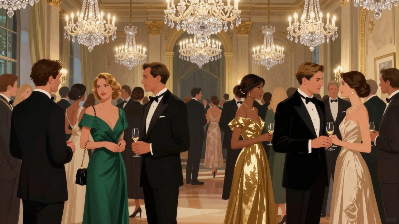 Guests in formal evening wear at an exclusive gala event.