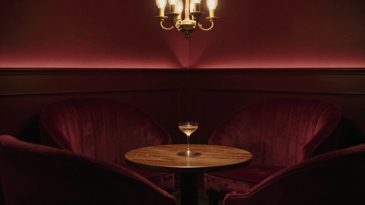 Intimate dark parisian bar interior with a champagne glass