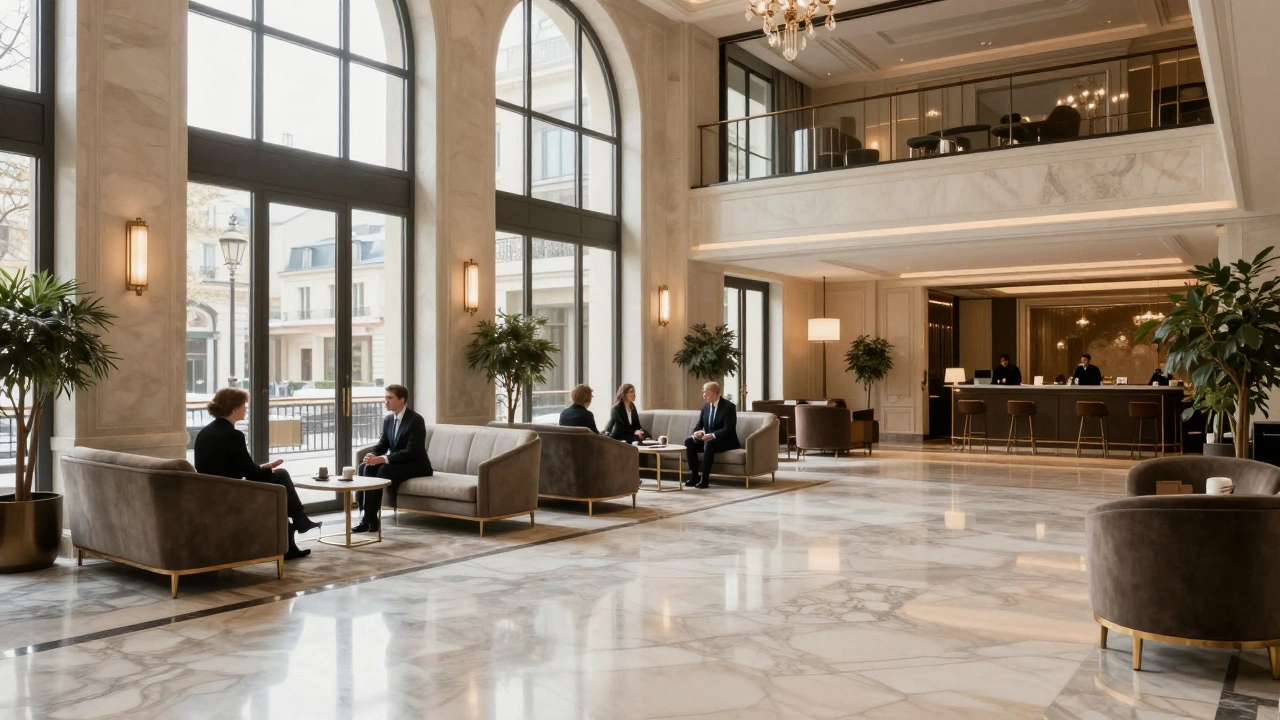 Luxurious hotel lobby interior symbolizing safety and discretion.
