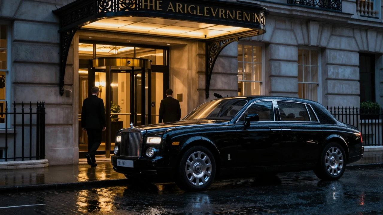 Luxury black car outside a grand hotel entrance in London.