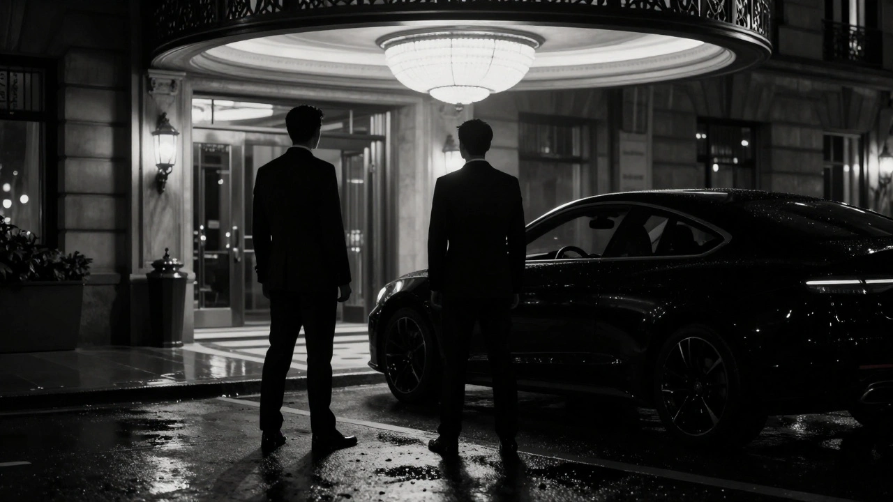 Silhouette of person outside hotel entrance near a black vehicle