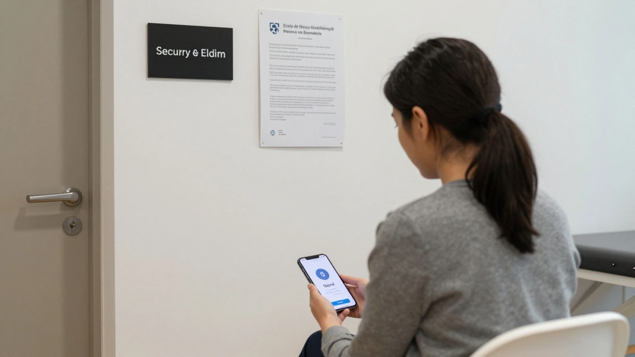 Therapist showing certification to a client in a professional studio with secure entrance and privacy policy visible.