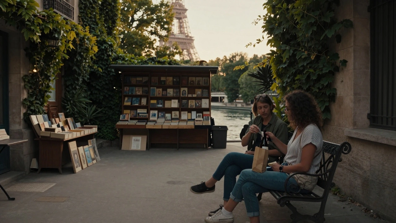 Two people sharing wine in a hidden Le Marais courtyard, bookstalls and Eiffel Tower in the distance.