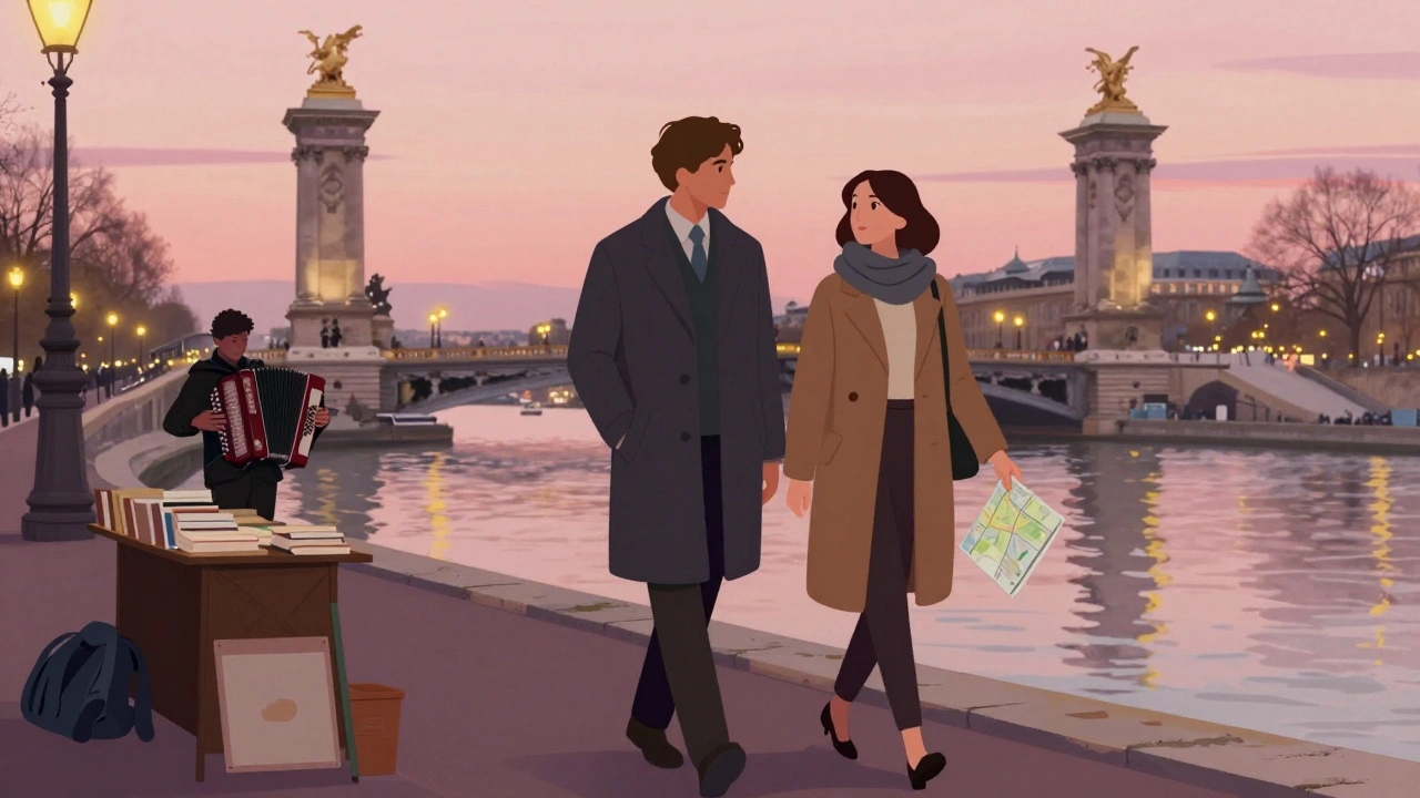Two people walk peacefully along the Seine at dusk, passing a bookstall and street musician, sharing silent companionship.