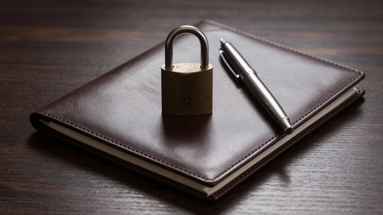 Vintage padlock and leather portfolio on a desk representing security.