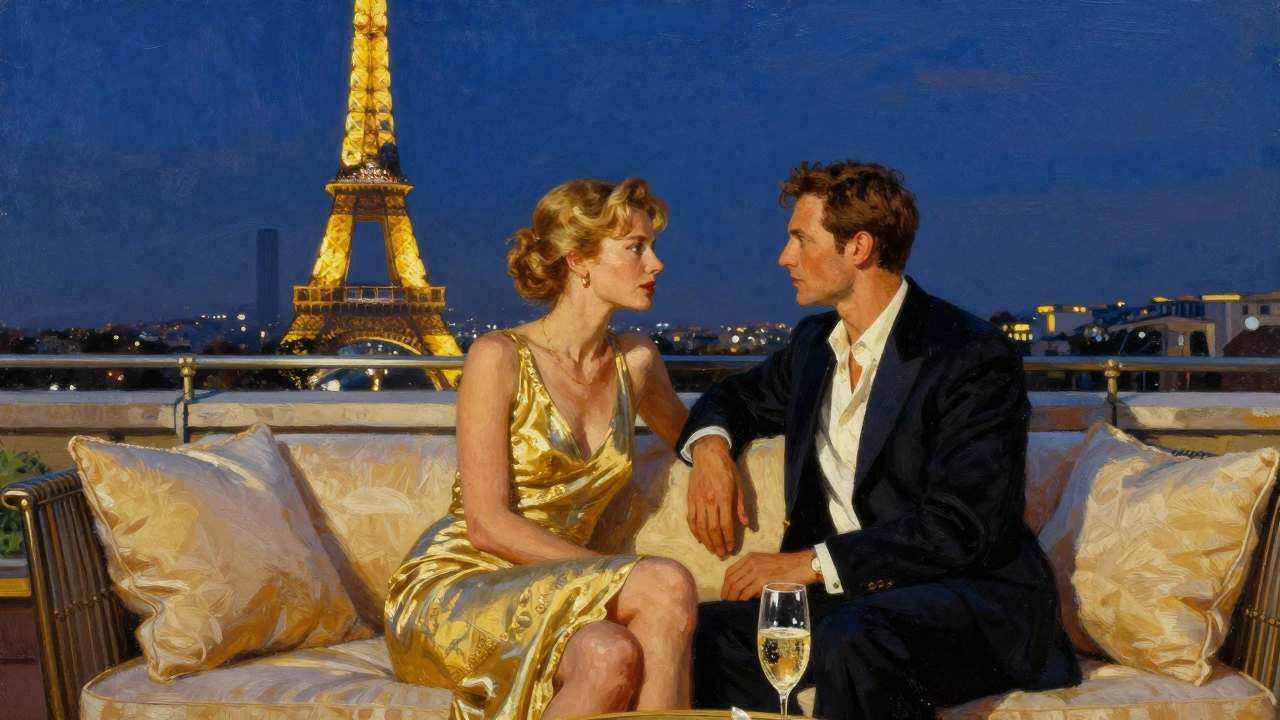 A sophisticated couple talking on a luxury rooftop with the glowing Eiffel Tower in the background.