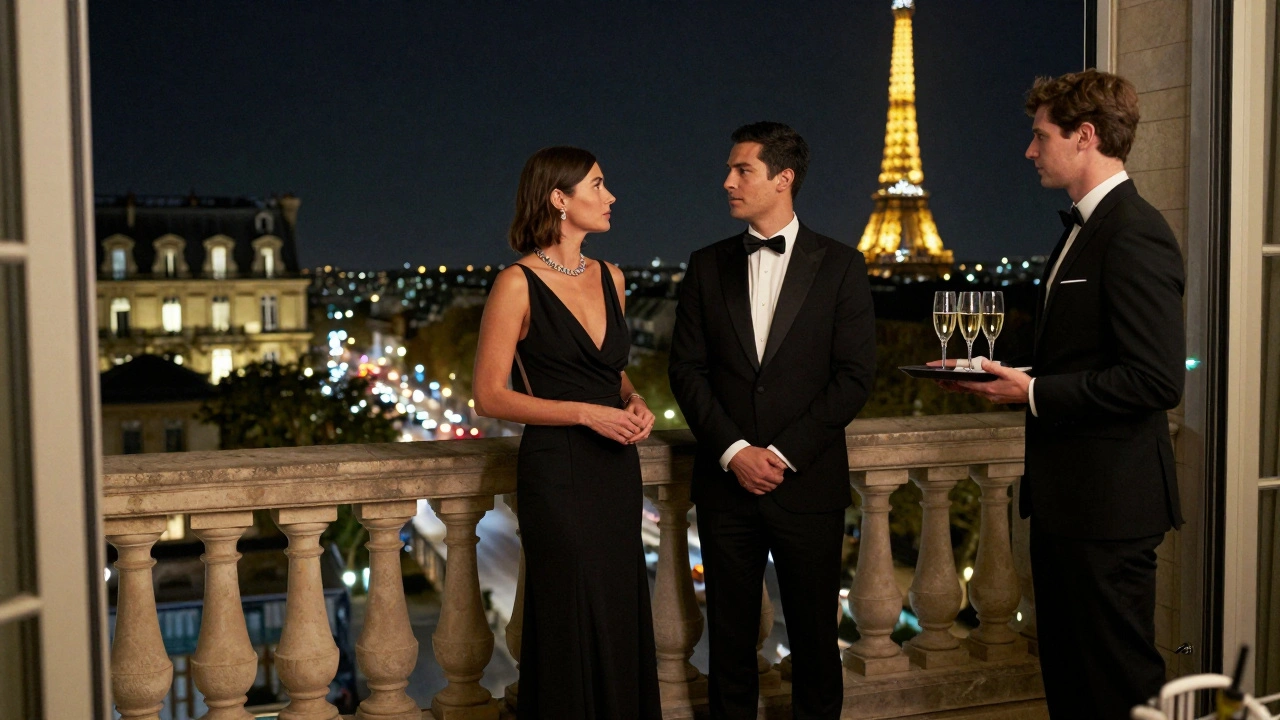 Couple in formal wear viewing Paris skyline at night from balcony