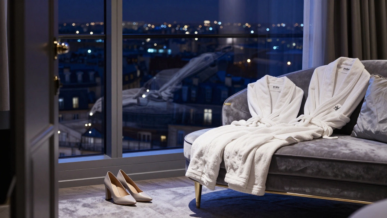 Luxurious hotel suite interior overlooking the Paris city skyline at night