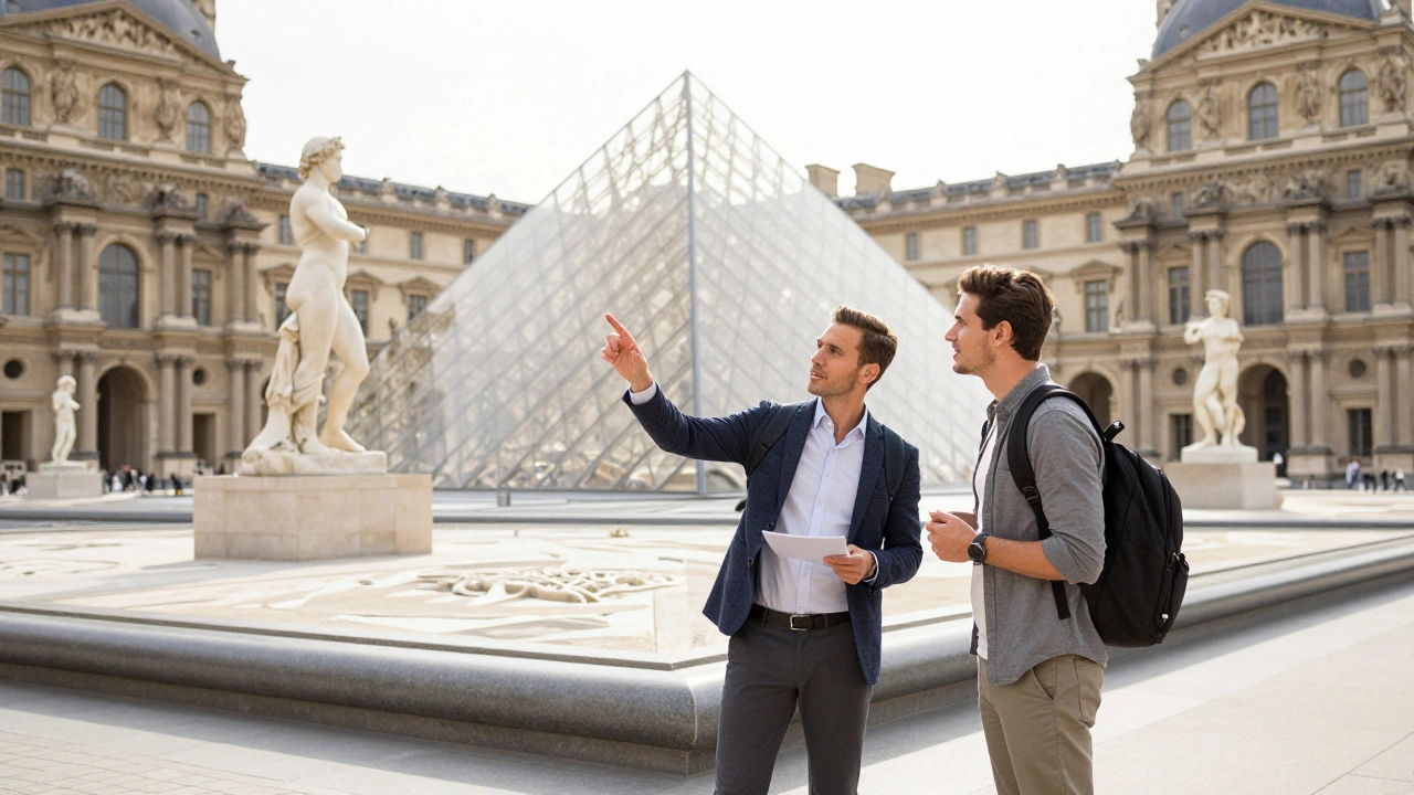 Tour guide showing sculpture in a bright museum hall